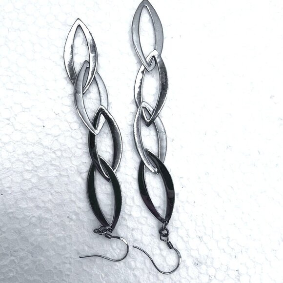 Silver Dangle Drop Earrings 4.25" Long Chain Open Marquise Links Marked 925 - Picture 9 of 9